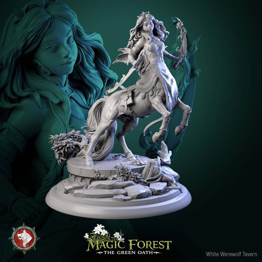 Render of Mara Swifthoof | 32-75mm Female Centaur Archer Miniature: Female centaur huntress with bow and sword descending mossy ruins, from White Werewolf's Magic Forest: The Green Oath. 32-75mm 3D printed resin miniature.