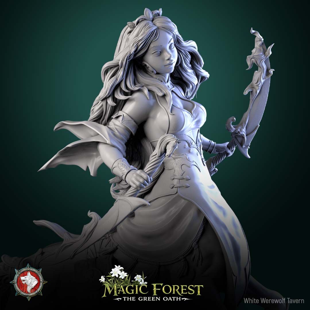 Render of Mara Swifthoof | 32-75mm Female Centaur Archer Miniature: Female centaur huntress with bow and sword descending mossy ruins, from White Werewolf's Magic Forest: The Green Oath. 32-75mm 3D printed resin miniature.