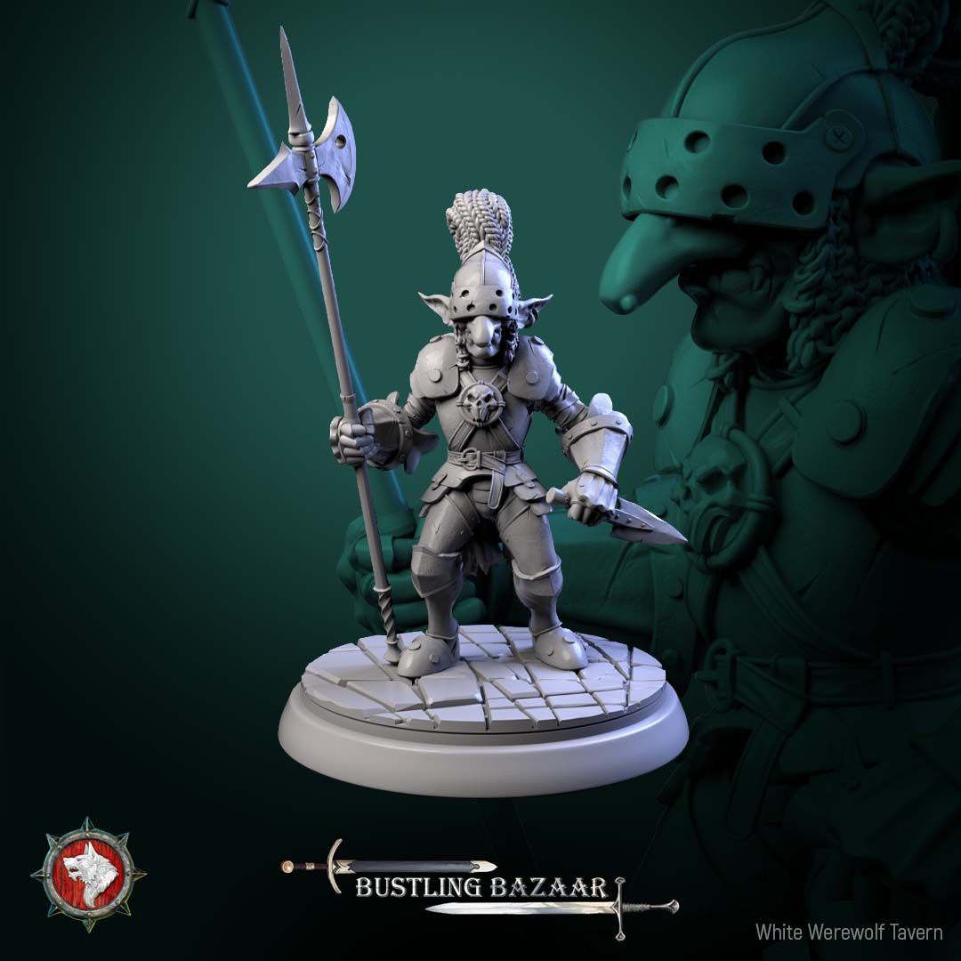 Render of Market Guards | 32mm Town Watch Miniatures: Six plumed town watch guards with halberds - human, dwarf, birdfolk, and goblin, from White Werewolf's Bustling Bazaar. 32mm resin, single or set.