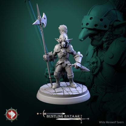 Render of Market Guards | 32mm Town Watch Miniatures: Six plumed town watch guards with halberds - human, dwarf, birdfolk, and goblin, from White Werewolf's Bustling Bazaar. 32mm resin, single or set.