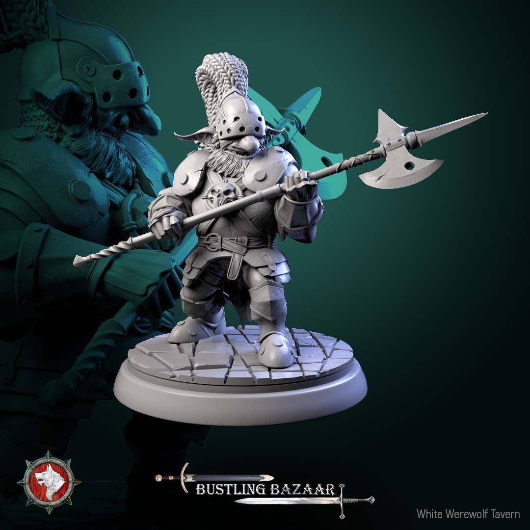 Render of Market Guards | 32mm Town Watch Miniatures: Six plumed town watch guards with halberds - human, dwarf, birdfolk, and goblin, from White Werewolf's Bustling Bazaar. 32mm resin, single or set.