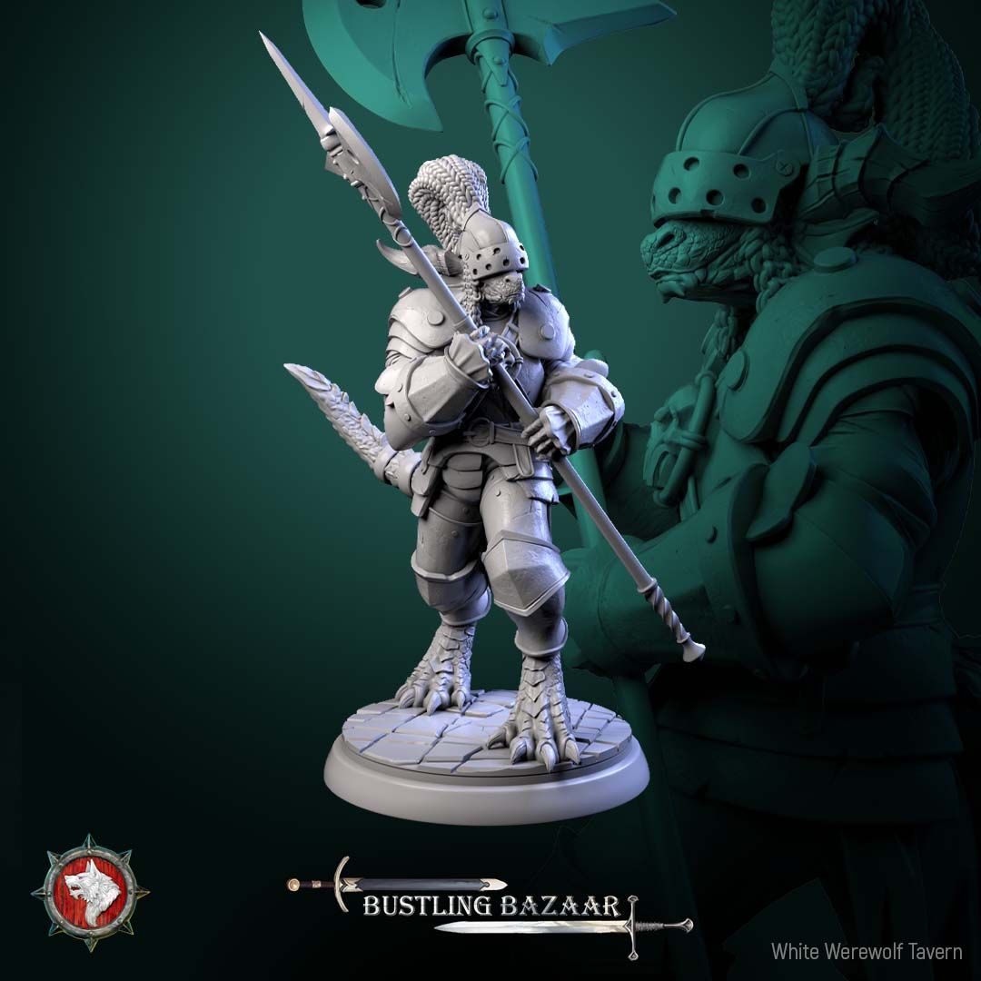 Render of Market Guards | 32mm Town Watch Miniatures: Six plumed town watch guards with halberds - human, dwarf, birdfolk, and goblin, from White Werewolf's Bustling Bazaar. 32mm resin, single or set.