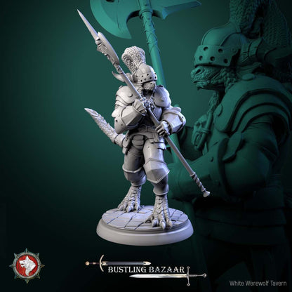 Render of Market Guards | 32mm Town Watch Miniatures: Six plumed town watch guards with halberds - human, dwarf, birdfolk, and goblin, from White Werewolf's Bustling Bazaar. 32mm resin, single or set.