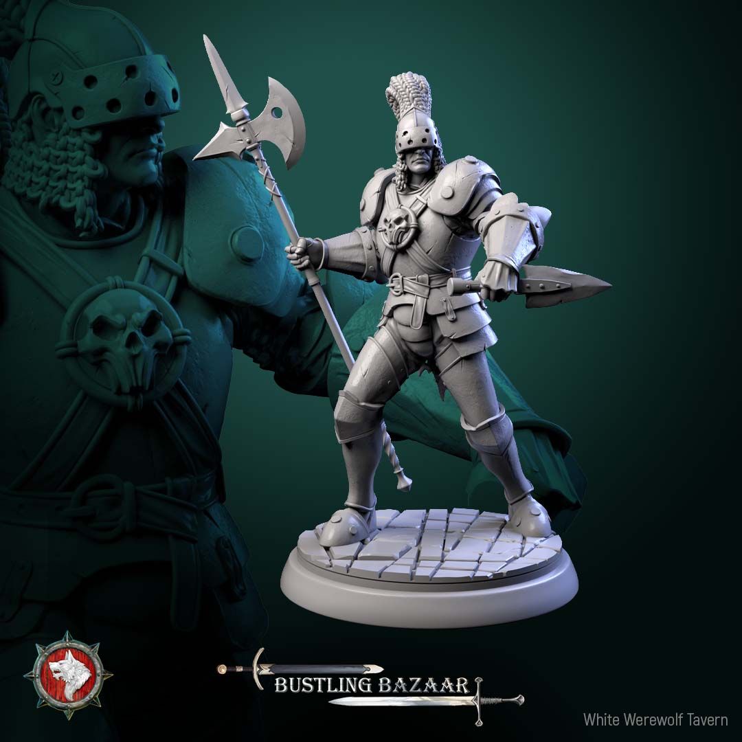 Render of Market Guards | 32mm Town Watch Miniatures: Six plumed town watch guards with halberds - human, dwarf, birdfolk, and goblin, from White Werewolf's Bustling Bazaar. 32mm resin, single or set.