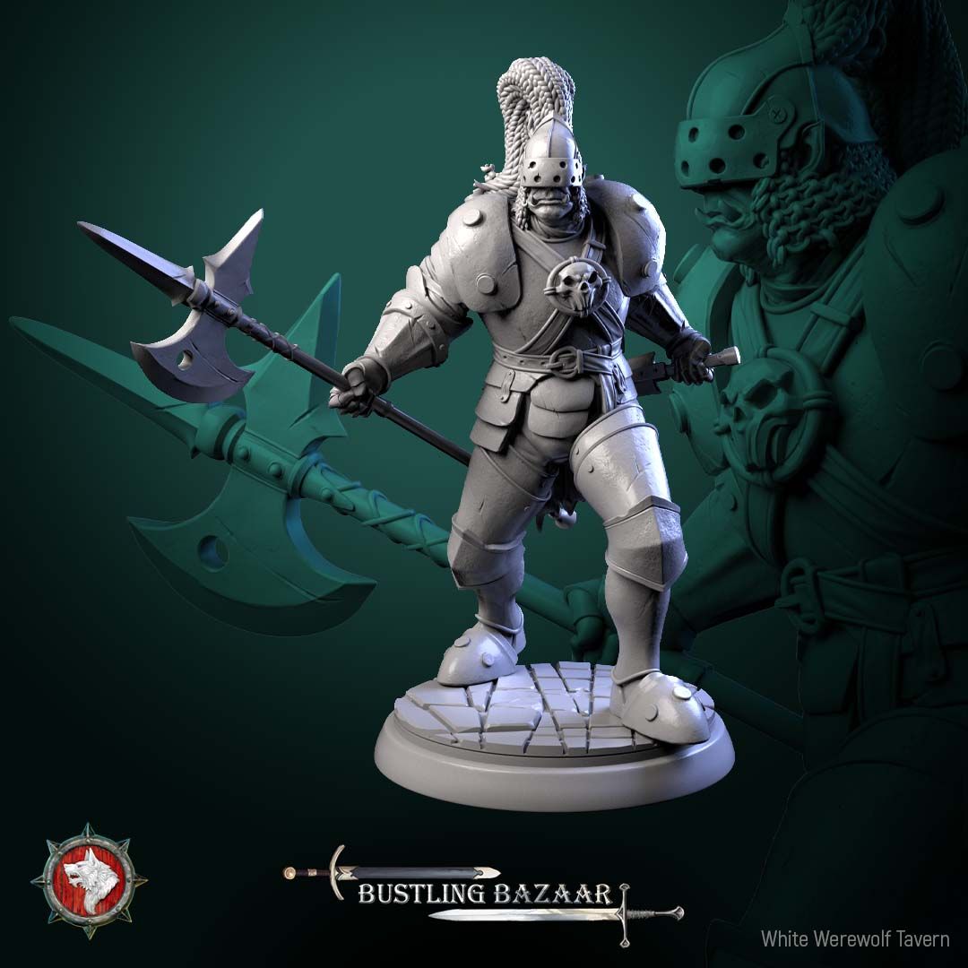 Render of Market Guards | 32mm Town Watch Miniatures: Six plumed town watch guards with halberds - human, dwarf, birdfolk, and goblin, from White Werewolf's Bustling Bazaar. 32mm resin, single or set.