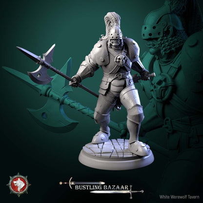 Render of Market Guards | 32mm Town Watch Miniatures: Six plumed town watch guards with halberds - human, dwarf, birdfolk, and goblin, from White Werewolf's Bustling Bazaar. 32mm resin, single or set.