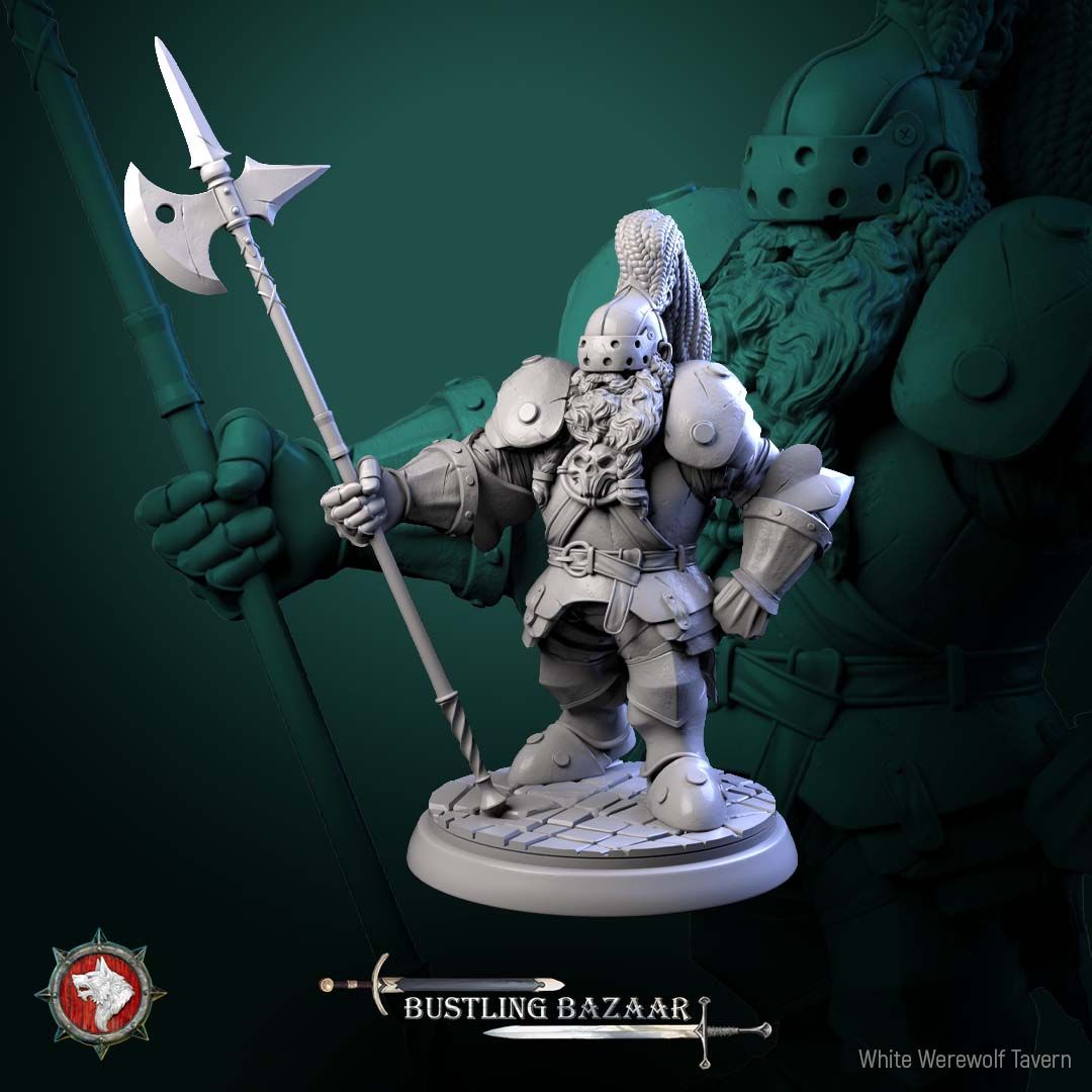 Render of Market Guards | 32mm Town Watch Miniatures: Six plumed town watch guards with halberds - human, dwarf, birdfolk, and goblin, from White Werewolf's Bustling Bazaar. 32mm resin, single or set.