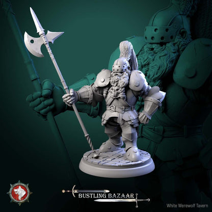 Render of Market Guards | 32mm Town Watch Miniatures: Six plumed town watch guards with halberds - human, dwarf, birdfolk, and goblin, from White Werewolf's Bustling Bazaar. 32mm resin, single or set.