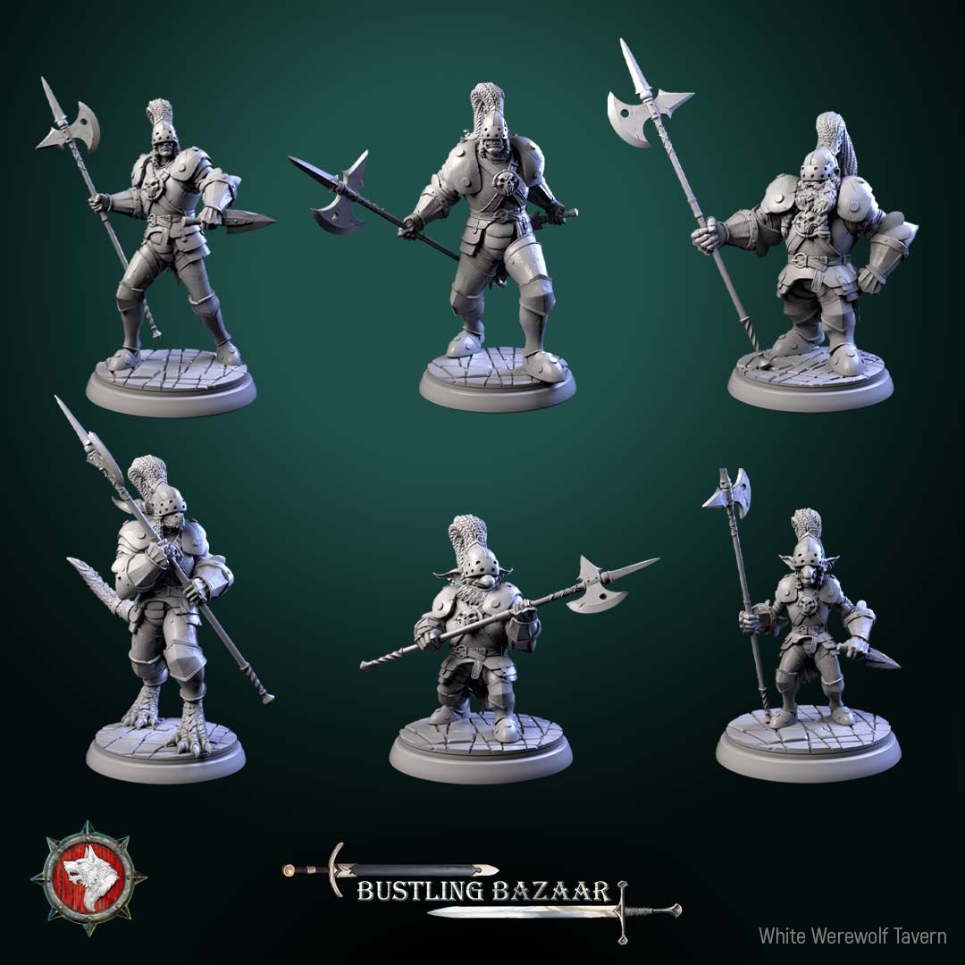 Render of Market Guards | 32mm Town Watch Miniatures: Six plumed town watch guards with halberds - human, dwarf, birdfolk, and goblin, from White Werewolf's Bustling Bazaar. 32mm resin, single or set.