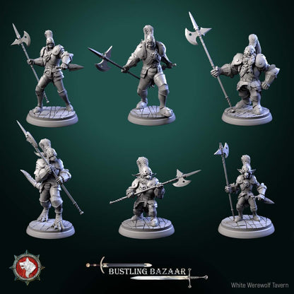 Render of Market Guards | 32mm Town Watch Miniatures: Six plumed town watch guards with halberds - human, dwarf, birdfolk, and goblin, from White Werewolf's Bustling Bazaar. 32mm resin, single or set.