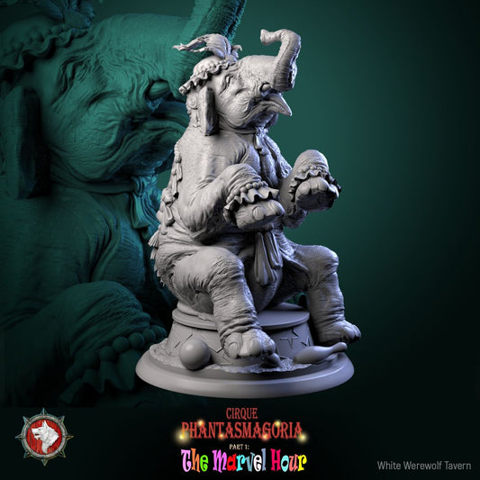 Render of Marvelous Mammoths | 32mm Circus Mammoth Miniatures: Two performing circus mammoths in ruffs on star podiums, from White Werewolf's The Marvel Hour dark carnival. 32mm 3D printed resin, single or pair.