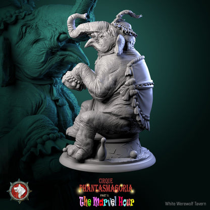 Render of Marvelous Mammoths | 32mm Circus Mammoth Miniatures: Two performing circus mammoths in ruffs on star podiums, from White Werewolf's The Marvel Hour dark carnival. 32mm 3D printed resin, single or pair.