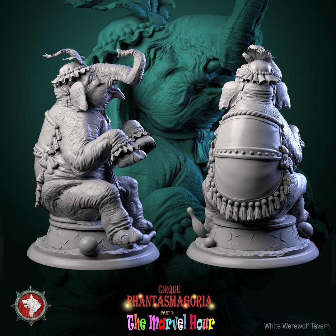 Render of Marvelous Mammoths | 32mm Circus Mammoth Miniatures: Two performing circus mammoths in ruffs on star podiums, from White Werewolf's The Marvel Hour dark carnival. 32mm 3D printed resin, single or pair.