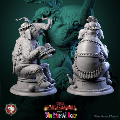 Render of Marvelous Mammoths | 32mm Circus Mammoth Miniatures: Two performing circus mammoths in ruffs on star podiums, from White Werewolf's The Marvel Hour dark carnival. 32mm 3D printed resin, single or pair.