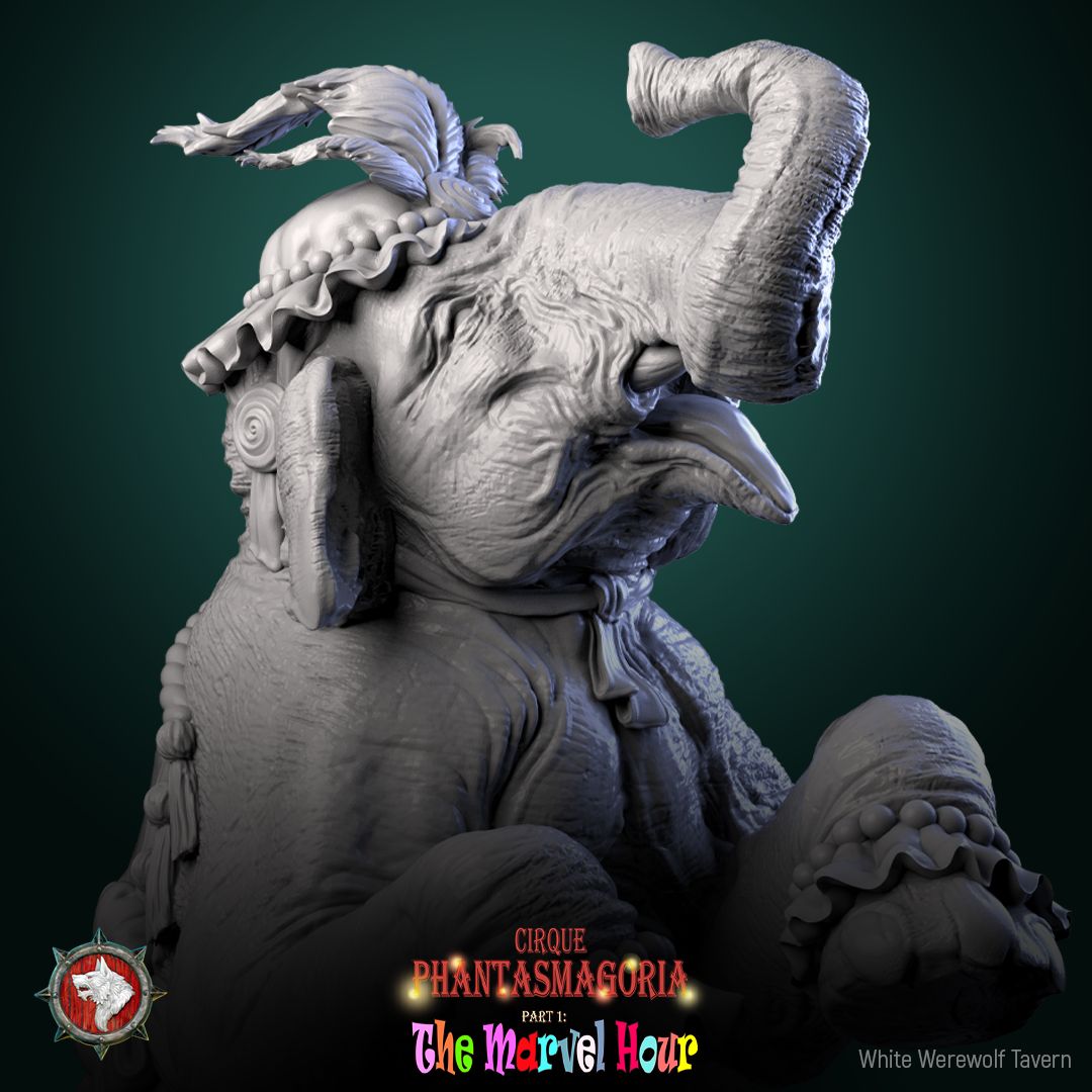 Render of Marvelous Mammoths | 32mm Circus Mammoth Miniatures: Two performing circus mammoths in ruffs on star podiums, from White Werewolf's The Marvel Hour dark carnival. 32mm 3D printed resin, single or pair.