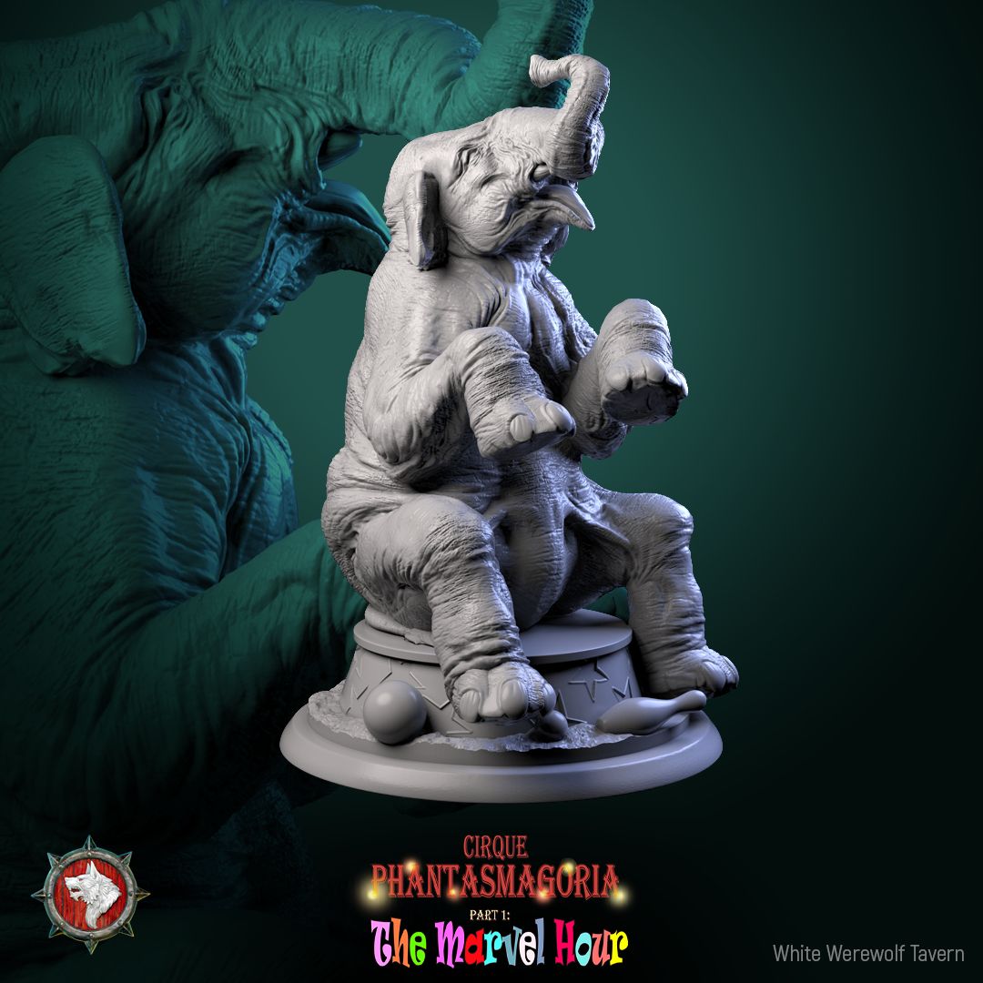 Render of Marvelous Mammoths | 32mm Circus Mammoth Miniatures: Two performing circus mammoths in ruffs on star podiums, from White Werewolf's The Marvel Hour dark carnival. 32mm 3D printed resin, single or pair.