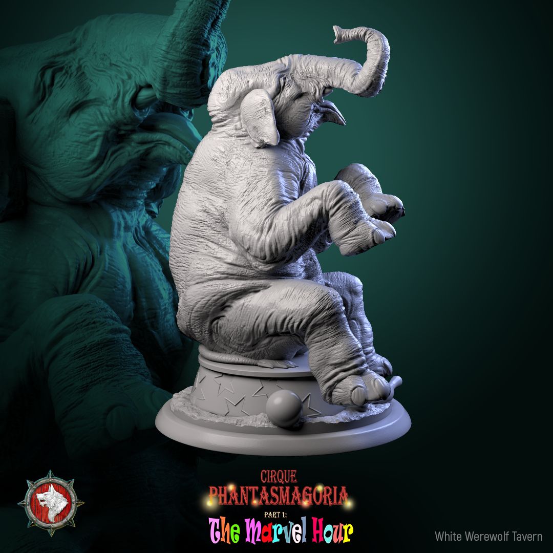 Render of Marvelous Mammoths | 32mm Circus Mammoth Miniatures: Two performing circus mammoths in ruffs on star podiums, from White Werewolf's The Marvel Hour dark carnival. 32mm 3D printed resin, single or pair.