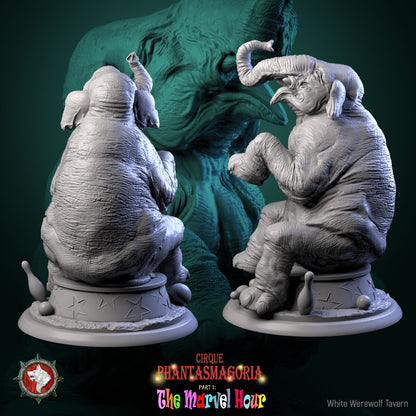 Render of Marvelous Mammoths | 32mm Circus Mammoth Miniatures: Two performing circus mammoths in ruffs on star podiums, from White Werewolf's The Marvel Hour dark carnival. 32mm 3D printed resin, single or pair.