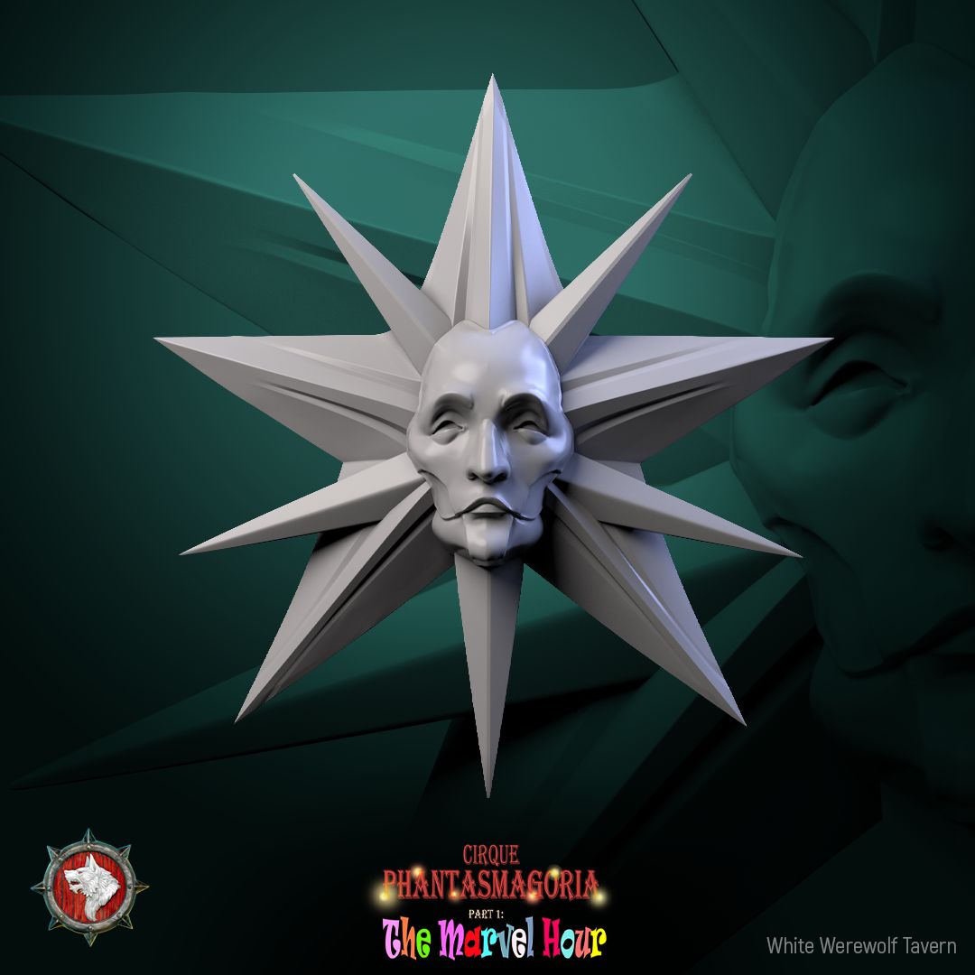 Render of Carnival Masks | Moon, Star, and Sun Scatter Props: Crescent moon, star, and sun carnival masks from White Werewolf's The Marvel Hour dark circus. 32mm 3D printed resin scatter props, single or set.
