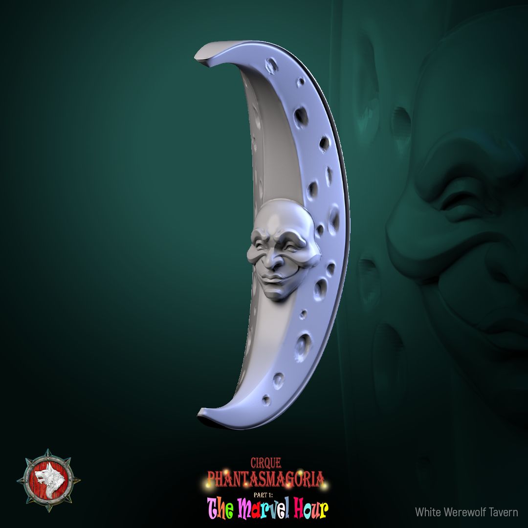 Render of Carnival Masks | Moon, Star, and Sun Scatter Props: Crescent moon, star, and sun carnival masks from White Werewolf's The Marvel Hour dark circus. 32mm 3D printed resin scatter props, single or set.