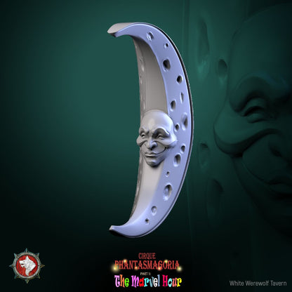 Render of Carnival Masks | Moon, Star, and Sun Scatter Props: Crescent moon, star, and sun carnival masks from White Werewolf's The Marvel Hour dark circus. 32mm 3D printed resin scatter props, single or set.