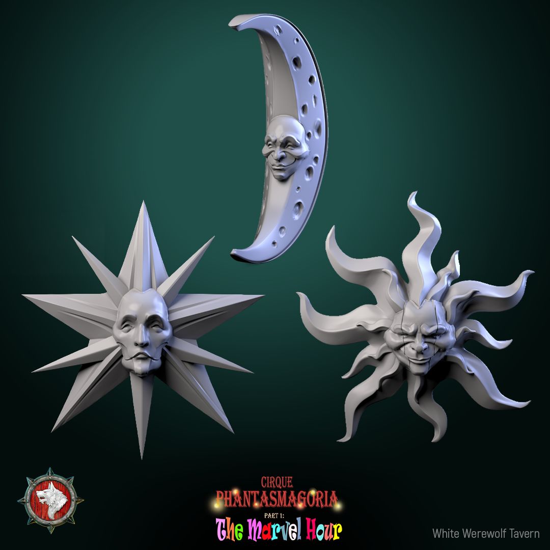 Render of Carnival Masks | Moon, Star, and Sun Scatter Props: Crescent moon, star, and sun carnival masks from White Werewolf's The Marvel Hour dark circus. 32mm 3D printed resin scatter props, single or set.