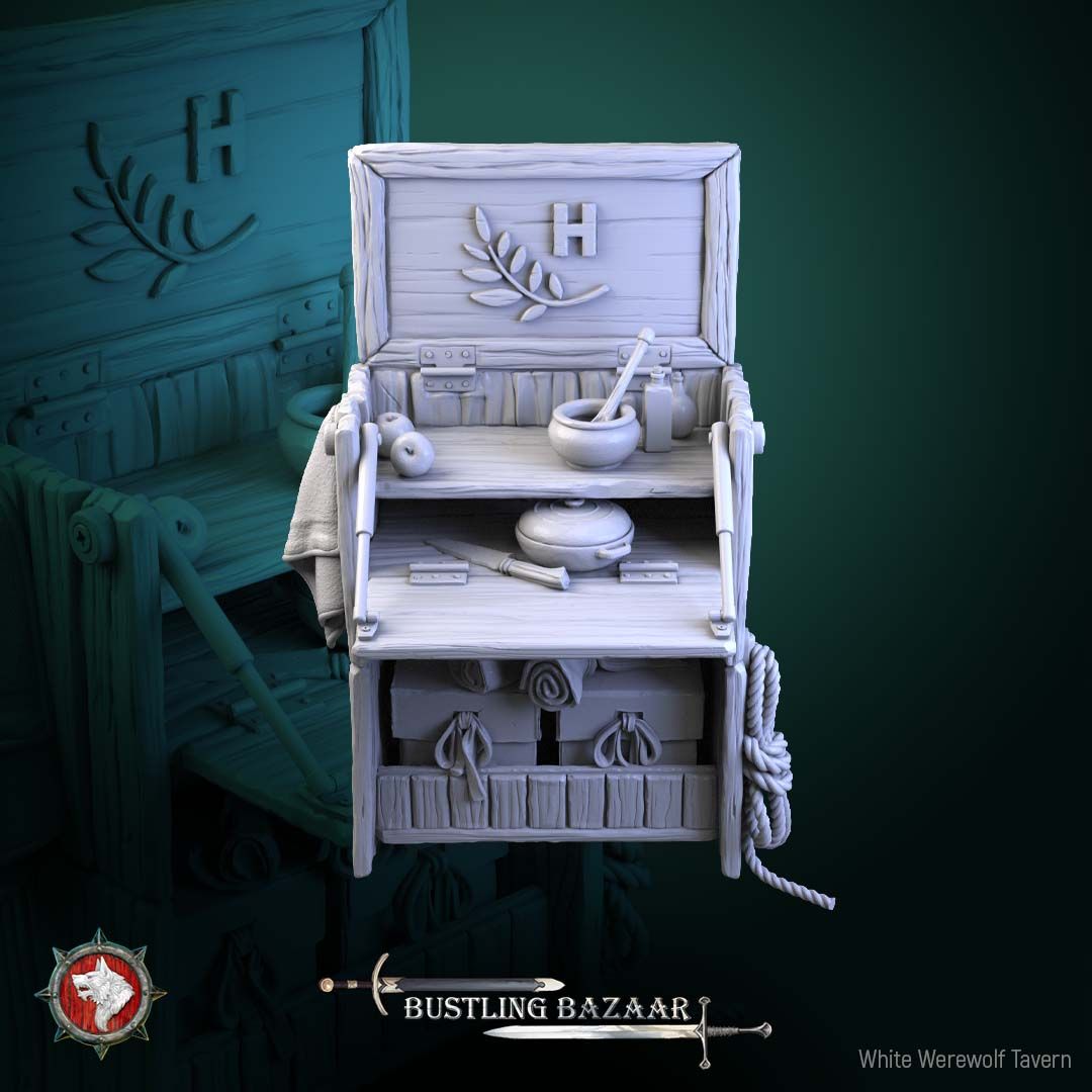 Render of Market Stall | 32mm Merchant Terrain Piece: Fold-open herbalist vendor stall with shelves, mortar, bottles, and drawers, from White Werewolf's Bustling Bazaar. 32mm 3D printed resin terrain.