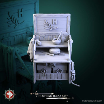 Render of Market Stall | 32mm Merchant Terrain Piece: Fold-open herbalist vendor stall with shelves, mortar, bottles, and drawers, from White Werewolf's Bustling Bazaar. 32mm 3D printed resin terrain.