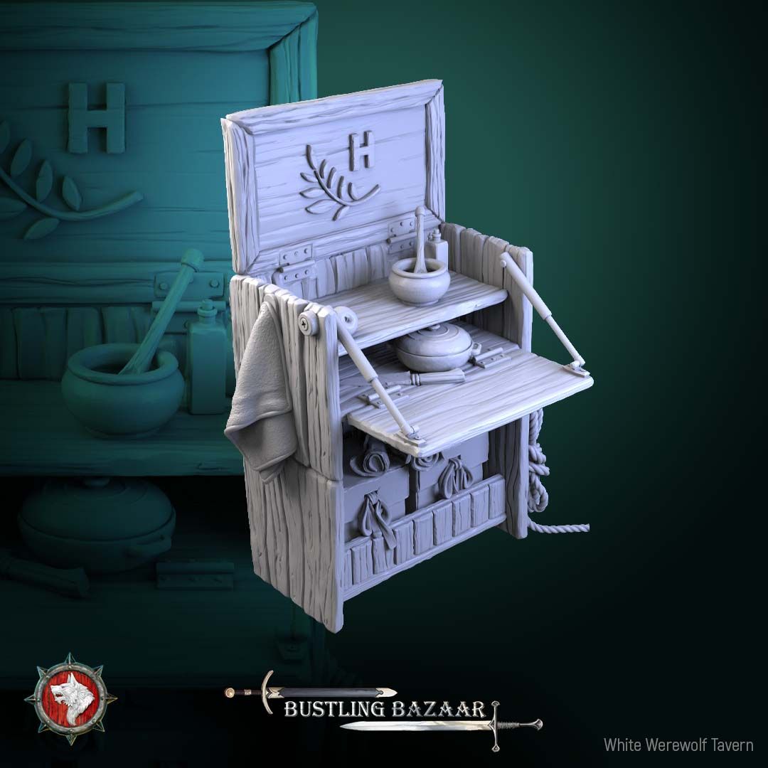 Render of Market Stall | 32mm Merchant Terrain Piece: Fold-open herbalist vendor stall with shelves, mortar, bottles, and drawers, from White Werewolf's Bustling Bazaar. 32mm 3D printed resin terrain.