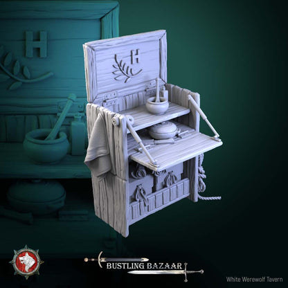 Render of Market Stall | 32mm Merchant Terrain Piece: Fold-open herbalist vendor stall with shelves, mortar, bottles, and drawers, from White Werewolf's Bustling Bazaar. 32mm 3D printed resin terrain.