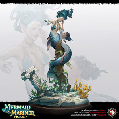 Render of Mermaid and Mariner Diorama | 32-75mm Fantasy Display Piece: A mermaid and a sailor entwined above sunken ruins with coral and reaching tentacles, from White Werewolf's Call of the Drowned. 32-75mm 3D printed resin.