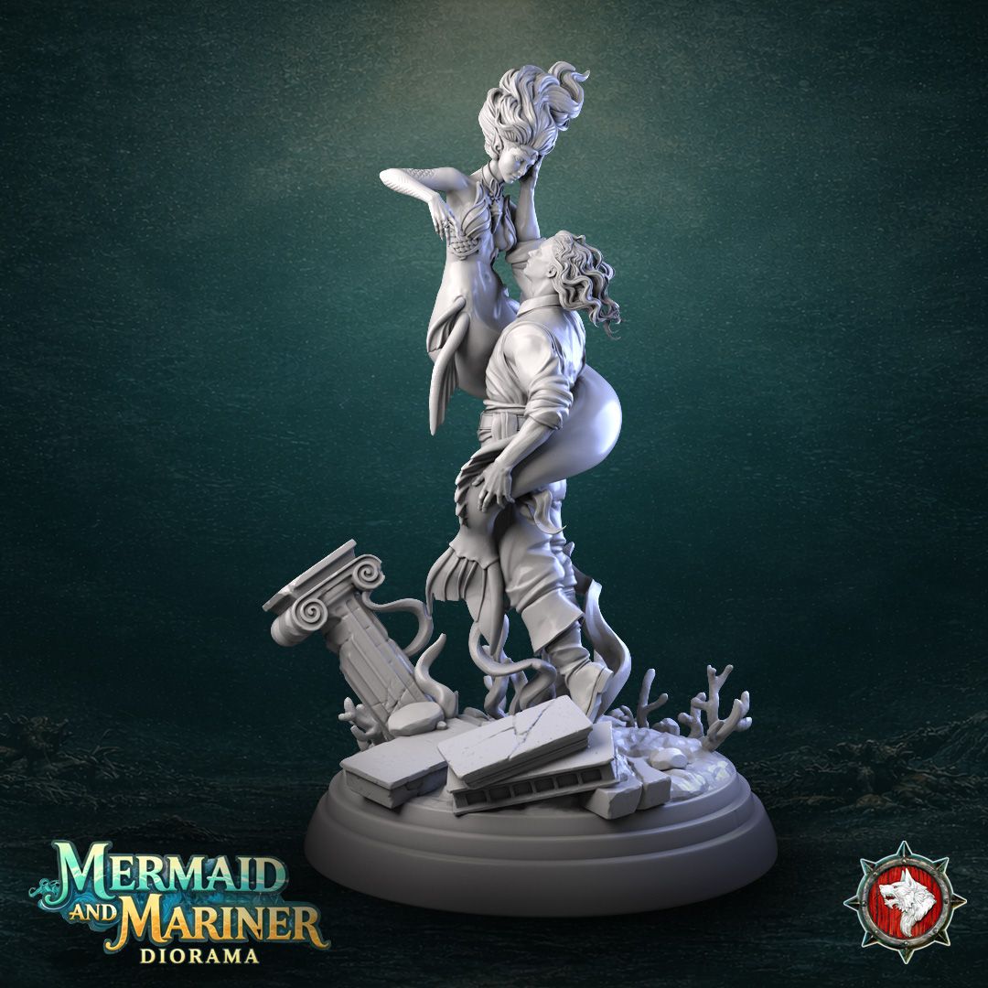 Render of Mermaid and Mariner Diorama | 32-75mm Fantasy Display Piece: A mermaid and a sailor entwined above sunken ruins with coral and reaching tentacles, from White Werewolf's Call of the Drowned. 32-75mm 3D printed resin.