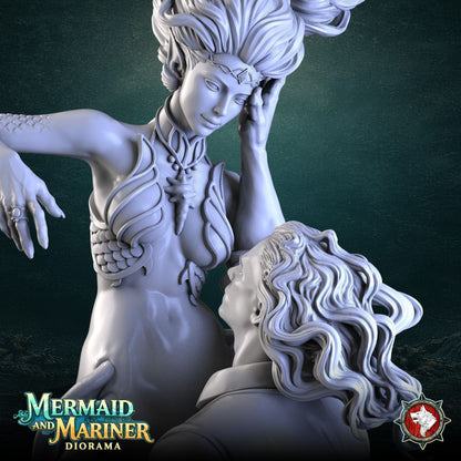 Render of Mermaid and Mariner Diorama | 32-75mm Fantasy Display Piece: A mermaid and a sailor entwined above sunken ruins with coral and reaching tentacles, from White Werewolf's Call of the Drowned. 32-75mm 3D printed resin.