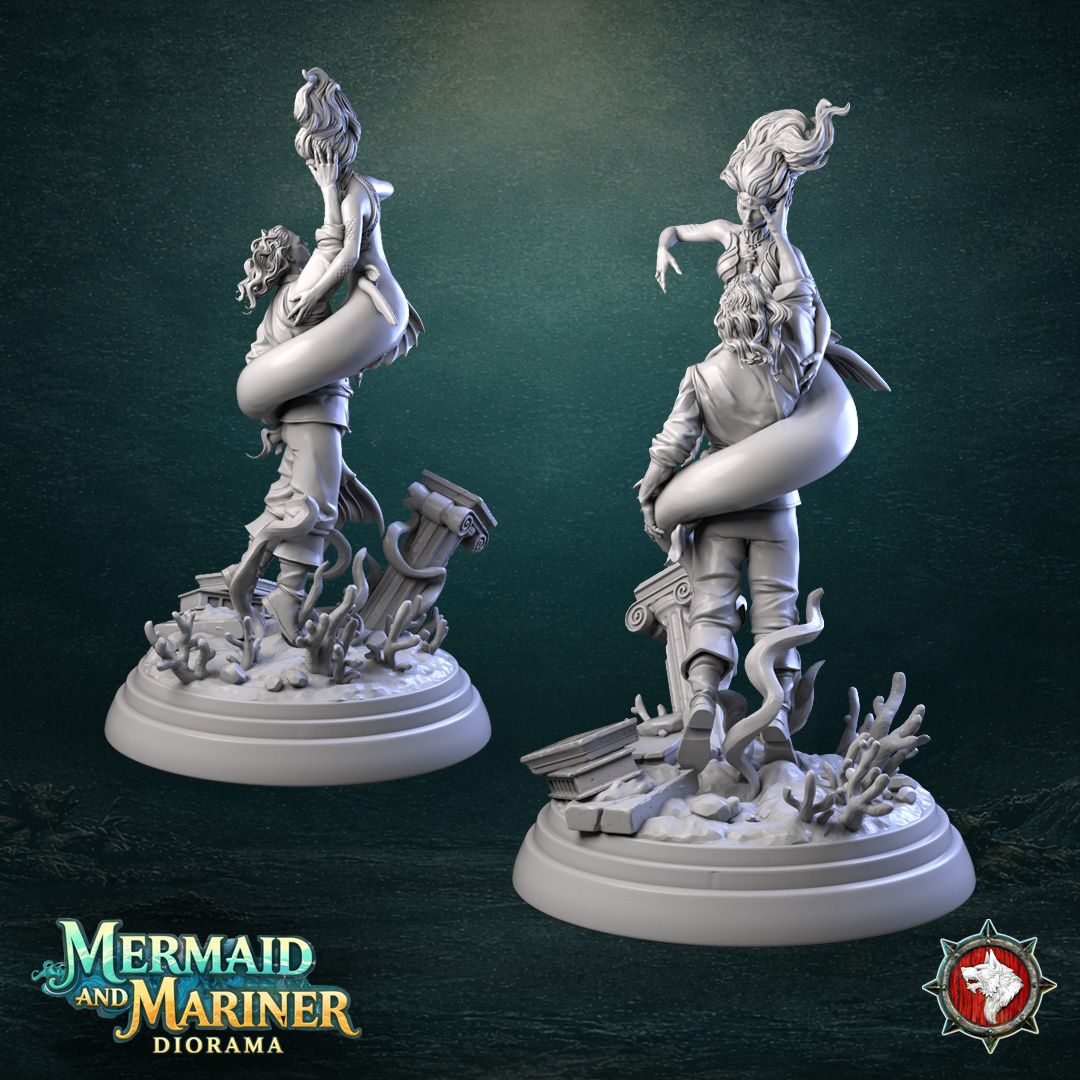 Render of Mermaid and Mariner Diorama | 32-75mm Fantasy Display Piece: A mermaid and a sailor entwined above sunken ruins with coral and reaching tentacles, from White Werewolf's Call of the Drowned. 32-75mm 3D printed resin.