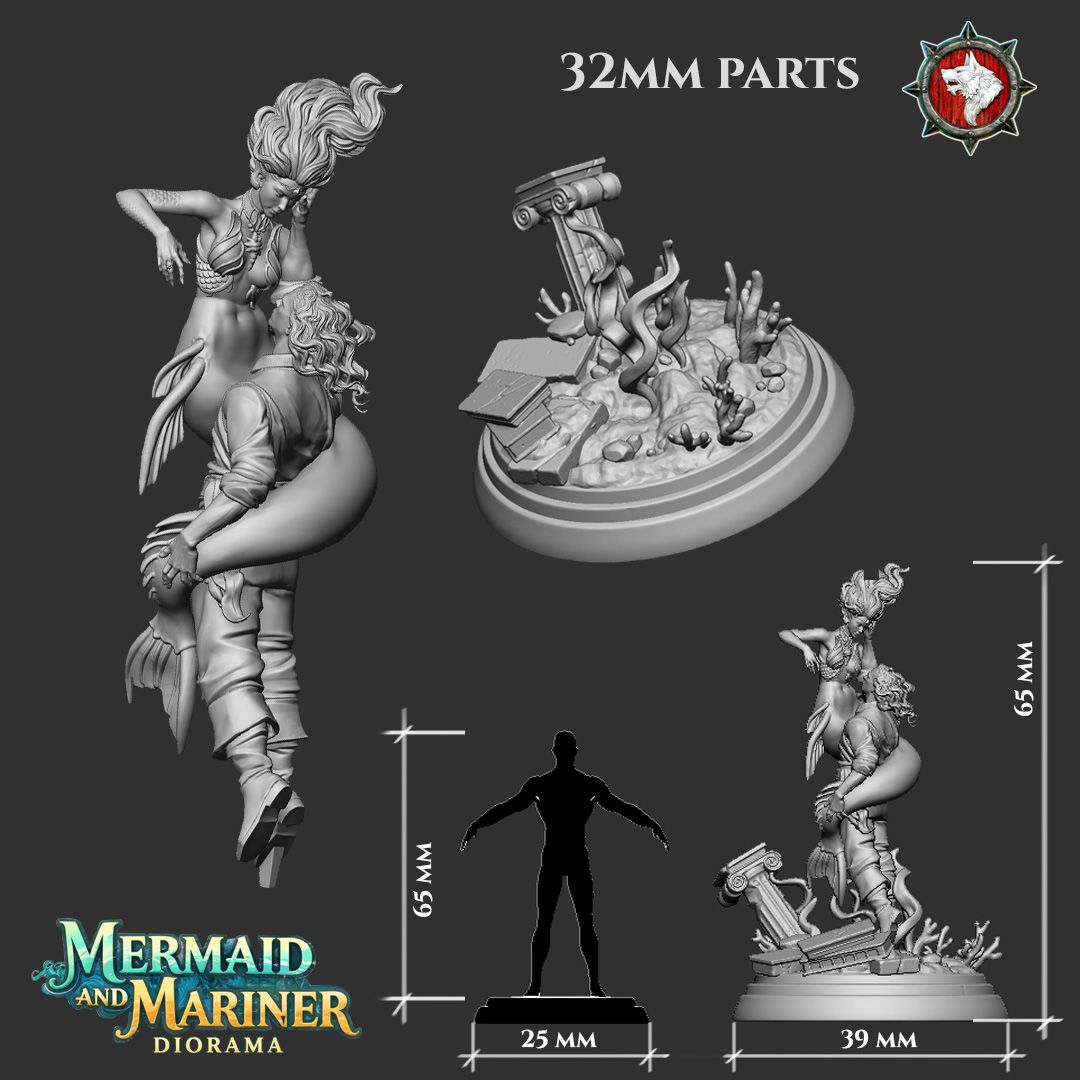 Render of Mermaid and Mariner Diorama | 32-75mm Fantasy Display Piece: A mermaid and a sailor entwined above sunken ruins with coral and reaching tentacles, from White Werewolf's Call of the Drowned. 32-75mm 3D printed resin.