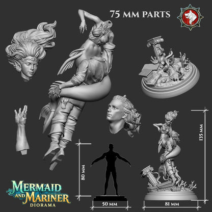 Render of Mermaid and Mariner Diorama | 32-75mm Fantasy Display Piece: A mermaid and a sailor entwined above sunken ruins with coral and reaching tentacles, from White Werewolf's Call of the Drowned. 32-75mm 3D printed resin.