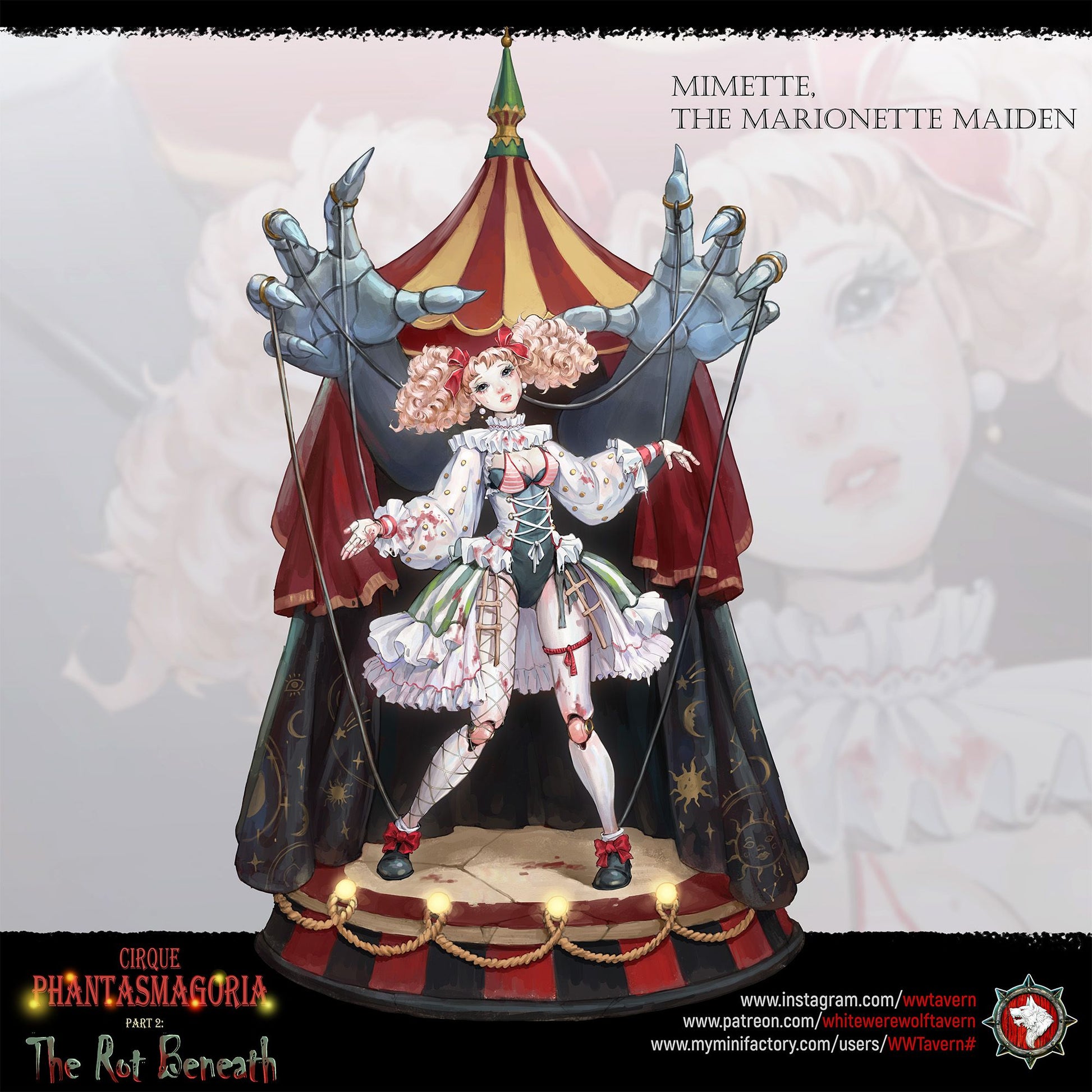 Render of Mimette the Marionette Maiden | 32-75mm Dark Circus Miniature: Doll-jointed marionette maiden beneath giant puppeteer hands and carousel canopy, from White Werewolf's The Rot Beneath. 32-75mm 3D printed resin.