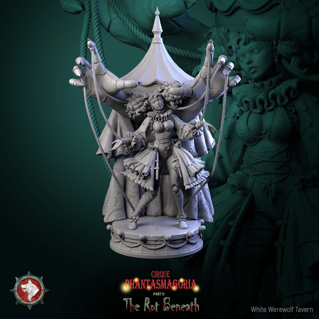 Render of Mimette the Marionette Maiden | 32-75mm Dark Circus Miniature: Doll-jointed marionette maiden beneath giant puppeteer hands and carousel canopy, from White Werewolf's The Rot Beneath. 32-75mm 3D printed resin.
