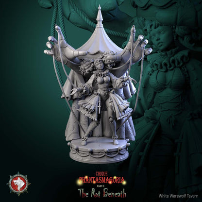 Render of Mimette the Marionette Maiden | 32-75mm Dark Circus Miniature: Doll-jointed marionette maiden beneath giant puppeteer hands and carousel canopy, from White Werewolf's The Rot Beneath. 32-75mm 3D printed resin.