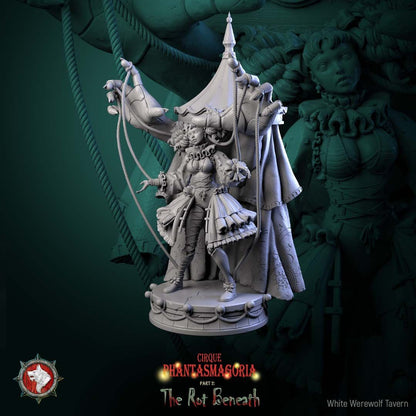 Render of Mimette the Marionette Maiden | 32-75mm Dark Circus Miniature: Doll-jointed marionette maiden beneath giant puppeteer hands and carousel canopy, from White Werewolf's The Rot Beneath. 32-75mm 3D printed resin.