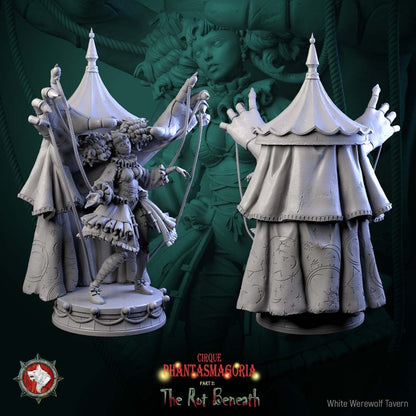Render of Mimette the Marionette Maiden | 32-75mm Dark Circus Miniature: Doll-jointed marionette maiden beneath giant puppeteer hands and carousel canopy, from White Werewolf's The Rot Beneath. 32-75mm 3D printed resin.