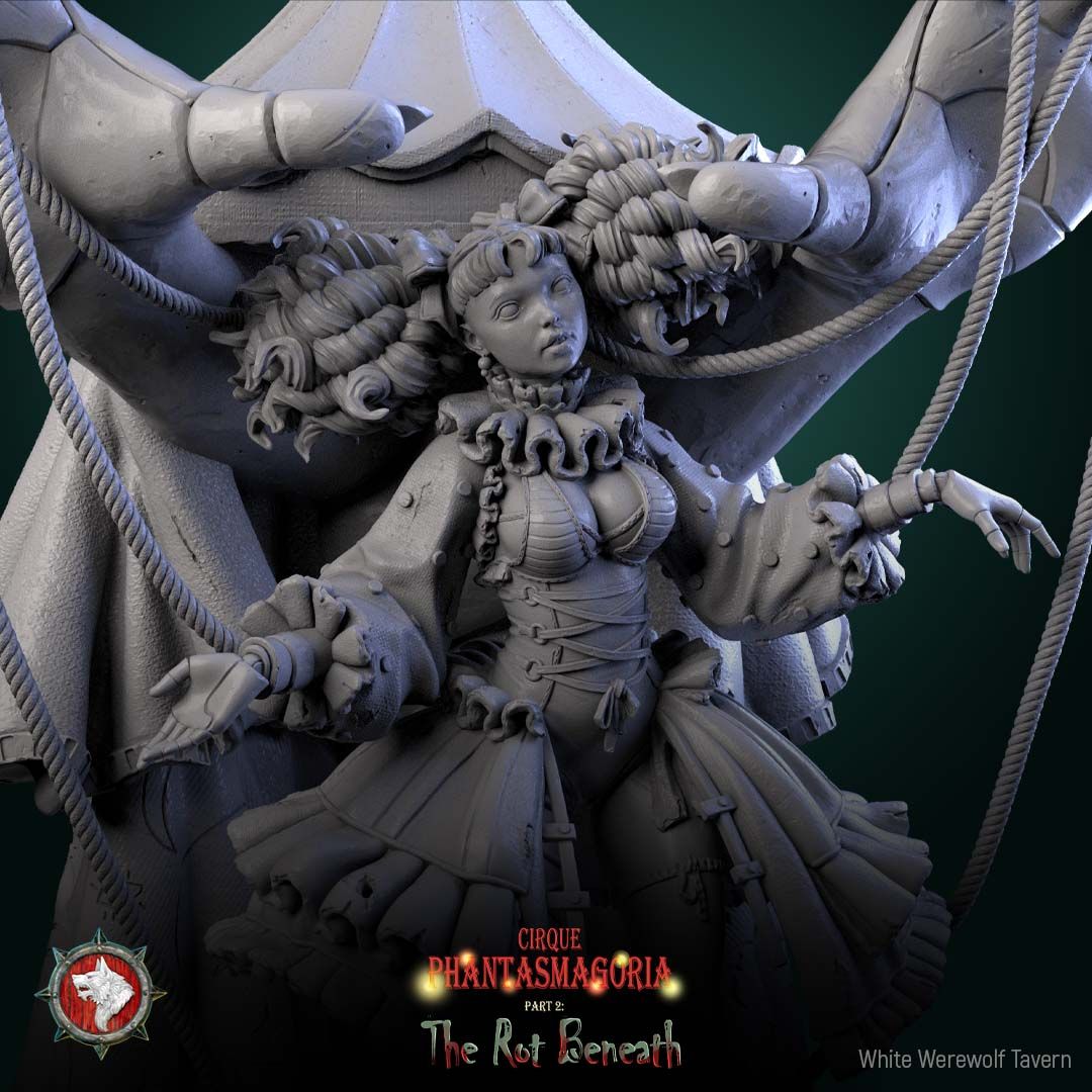 Render of Mimette the Marionette Maiden | 32-75mm Dark Circus Miniature: Doll-jointed marionette maiden beneath giant puppeteer hands and carousel canopy, from White Werewolf's The Rot Beneath. 32-75mm 3D printed resin.