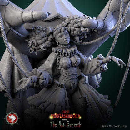 Render of Mimette the Marionette Maiden | 32-75mm Dark Circus Miniature: Doll-jointed marionette maiden beneath giant puppeteer hands and carousel canopy, from White Werewolf's The Rot Beneath. 32-75mm 3D printed resin.