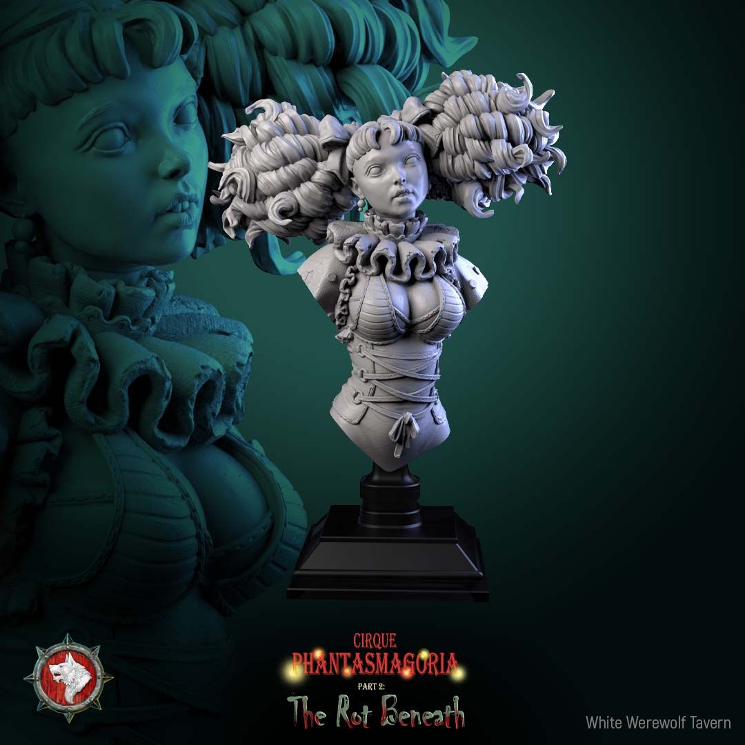 Render of Mimette Bust | Marionette Maiden Collector Bust: Doll-jointed marionette maiden bust with ringlets and ruffled collar, from White Werewolf's The Rot Beneath. 3D printed resin collector bust with stand.