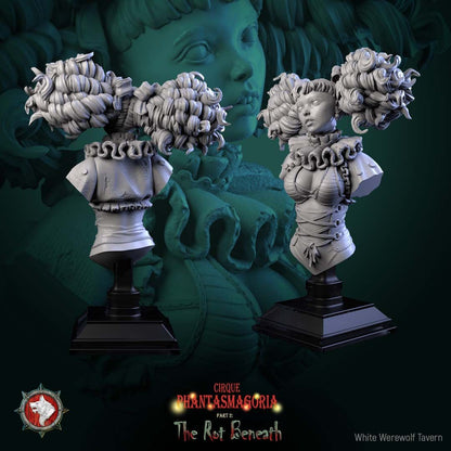 Render of Mimette Bust | Marionette Maiden Collector Bust: Doll-jointed marionette maiden bust with ringlets and ruffled collar, from White Werewolf's The Rot Beneath. 3D printed resin collector bust with stand.