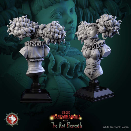 Render of Mimette Bust | Marionette Maiden Collector Bust: Doll-jointed marionette maiden bust with ringlets and ruffled collar, from White Werewolf's The Rot Beneath. 3D printed resin collector bust with stand.