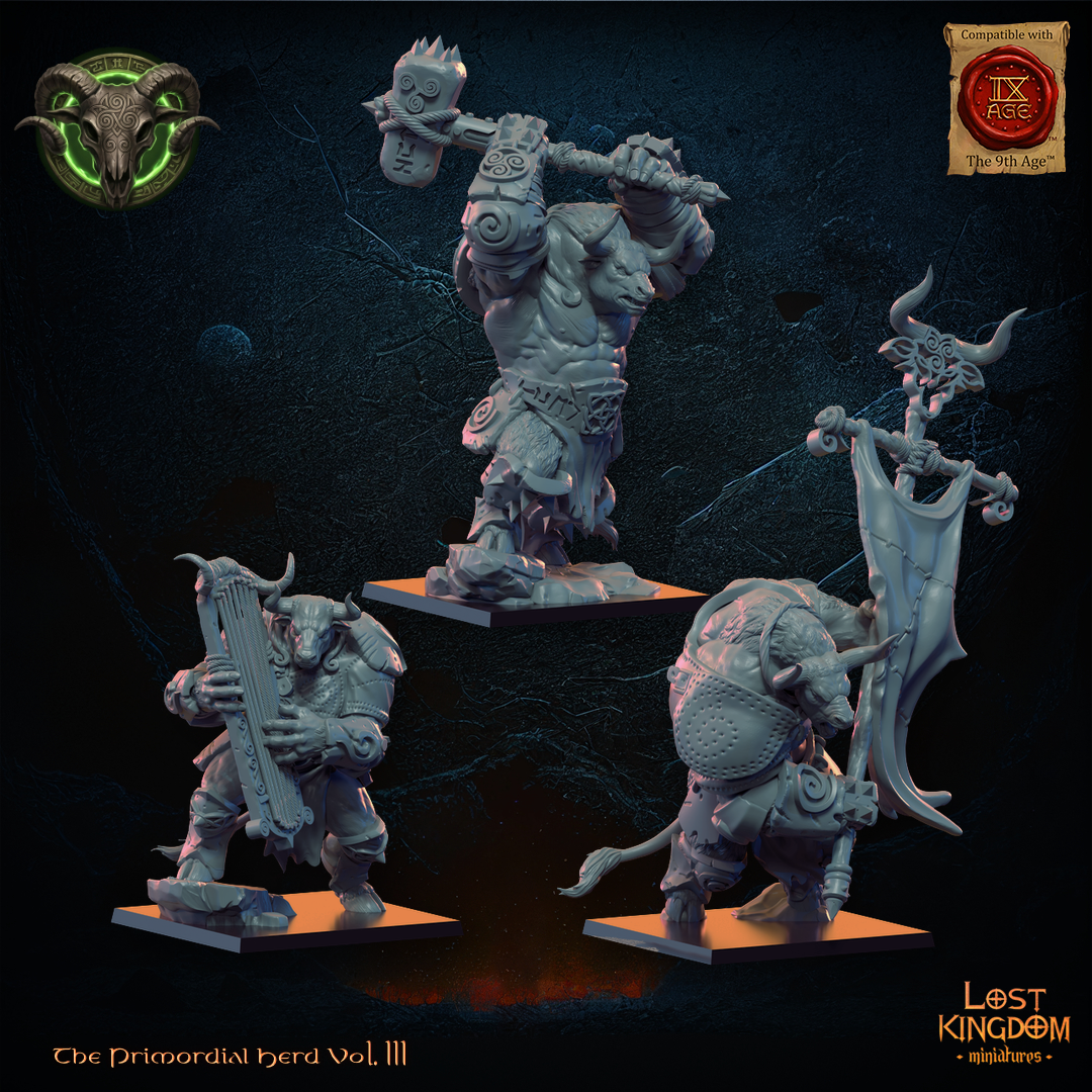 Wildhorn Minotaurs captain, standard bearer and musician, three-quarter view from the right, Lost Kingdom Miniatures render