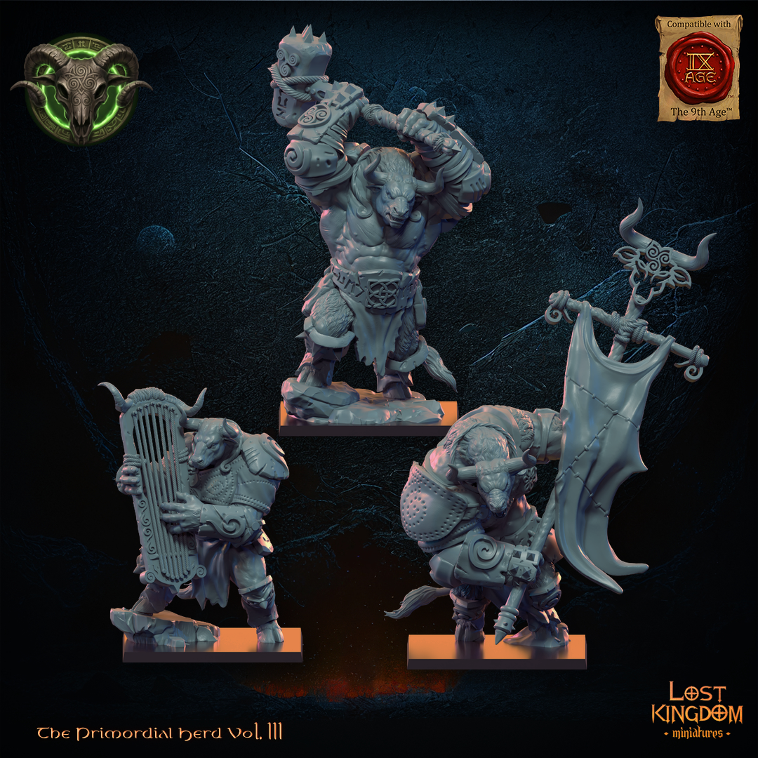 Wildhorn Minotaurs captain with great hammer, standard bearer with bull-skull banner and war-lyre musician, front view, Lost Kingdom Miniatures render