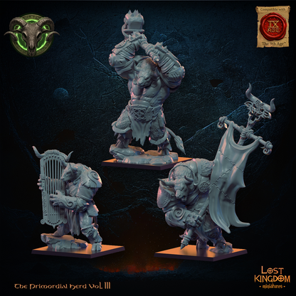 Wildhorn Minotaurs captain, standard bearer and musician, three-quarter view from the left, Lost Kingdom Miniatures render
