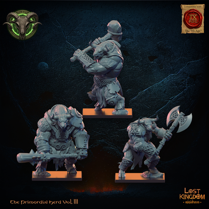 Wildhorn Minotaurs, the three minotaurs with great hammer, spiked club and great axe, front view, resin miniatures by Lost Kingdom Miniatures